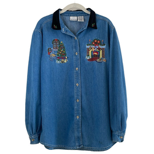 Bobby Brooks Denim Christmas Shirt with Holiday Embroidery Large